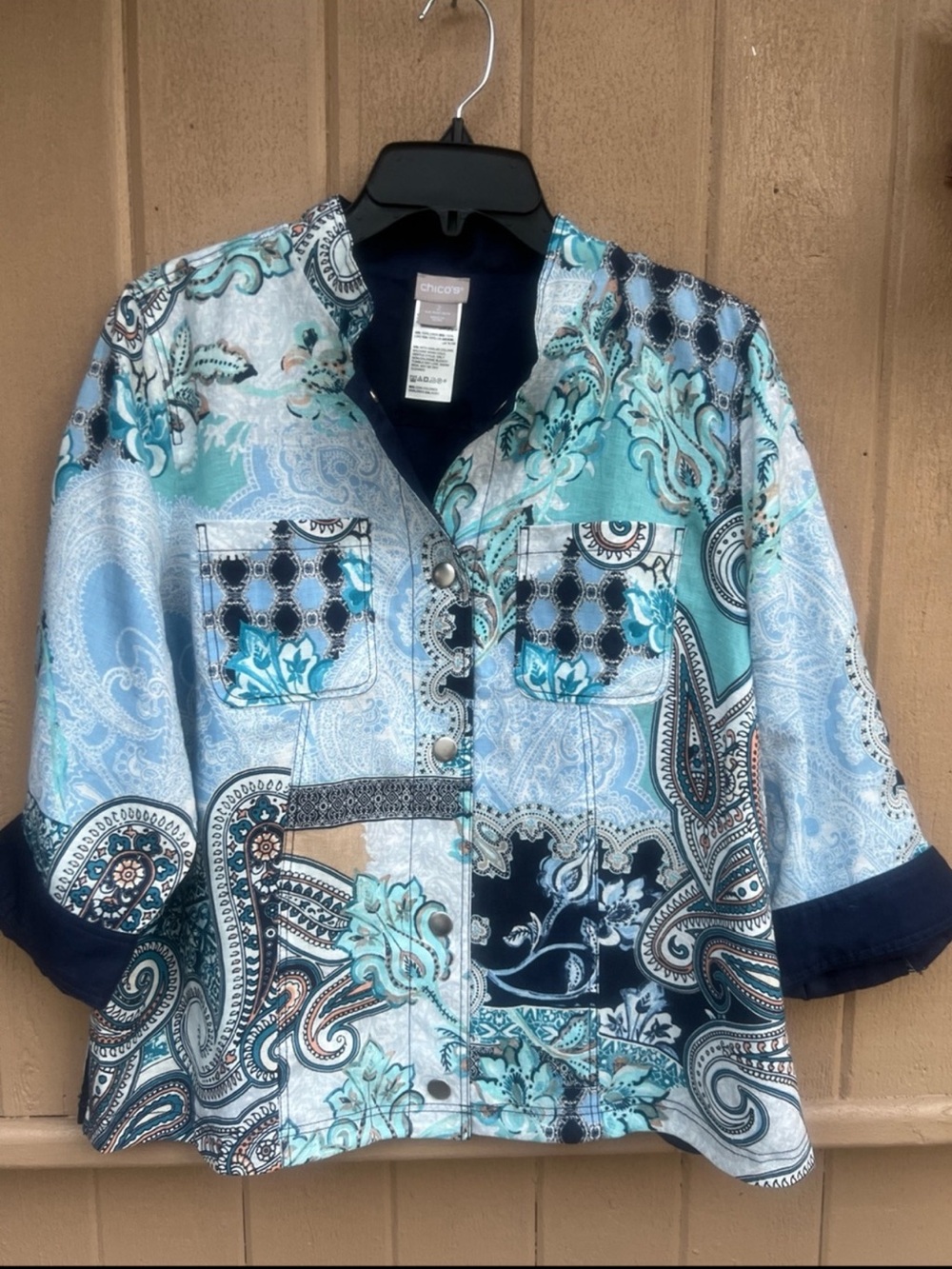 Chicos 100% Linen Patchwork Mixed Paisley Print Jacket Size 2, L/XL Artsy Boho - Picture 1 of 11